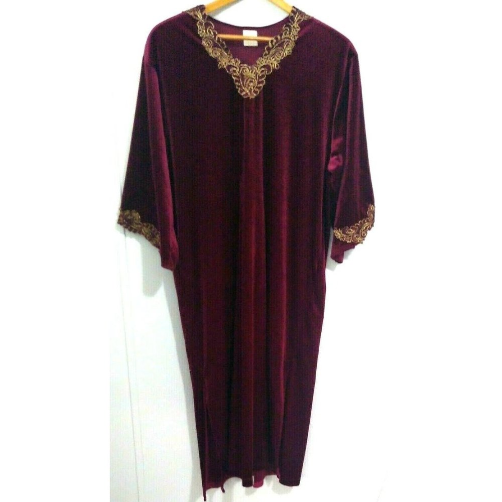 Women's Vintage Velvet House Dress Gown Robe Burgundy W Gold Trim Maxi One Size